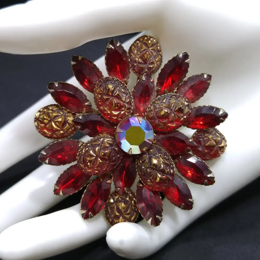 Judy Lee Red Rhinestone Brooch, Red Gold Molded Glass Petals, 1960s Vintage